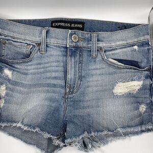 Express Jeans Denim Shorts Women's Blue Frayed Hem Cut Off Daisy Duke Size 4